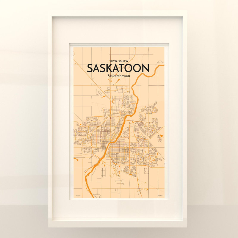 Saskatoon City Map, impression rétro, H 17 po x l 11 po