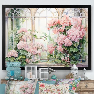«Pink Blossoming Country Window Gaze III», art mural grande fenêtre