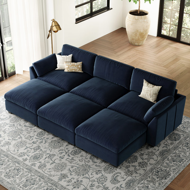 Velvet Modular Sectional Sofa Bed Soft Livingroom Couch with Detachable Cushions & Removable Ottomans, Blue Velvet