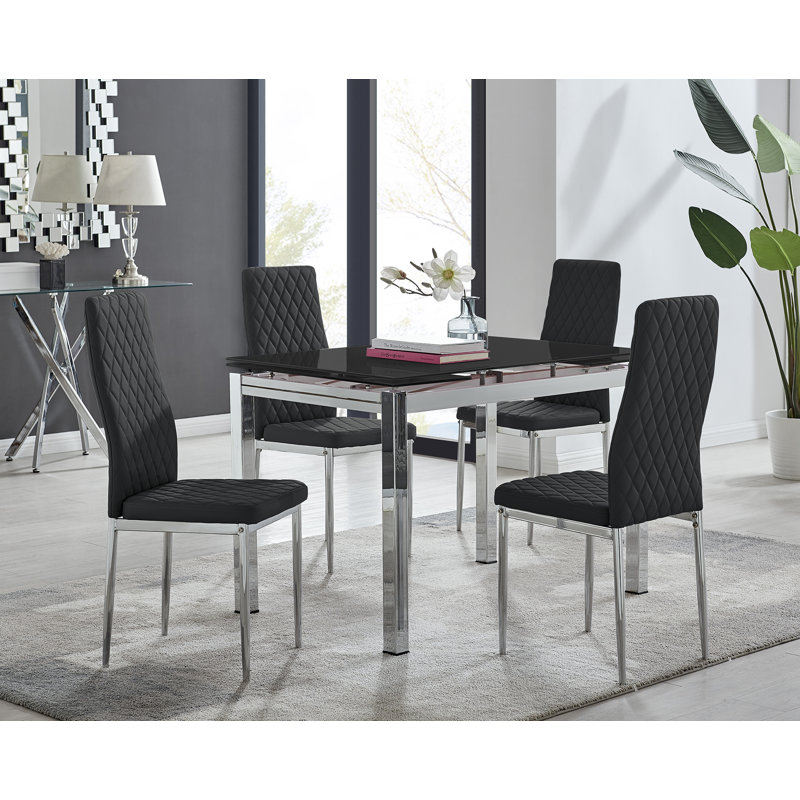 Tierra Modern Glass & Metal Extendable Dining Table Set & 4 Luxury Faux Leather Dining Chairs, Black/Silver