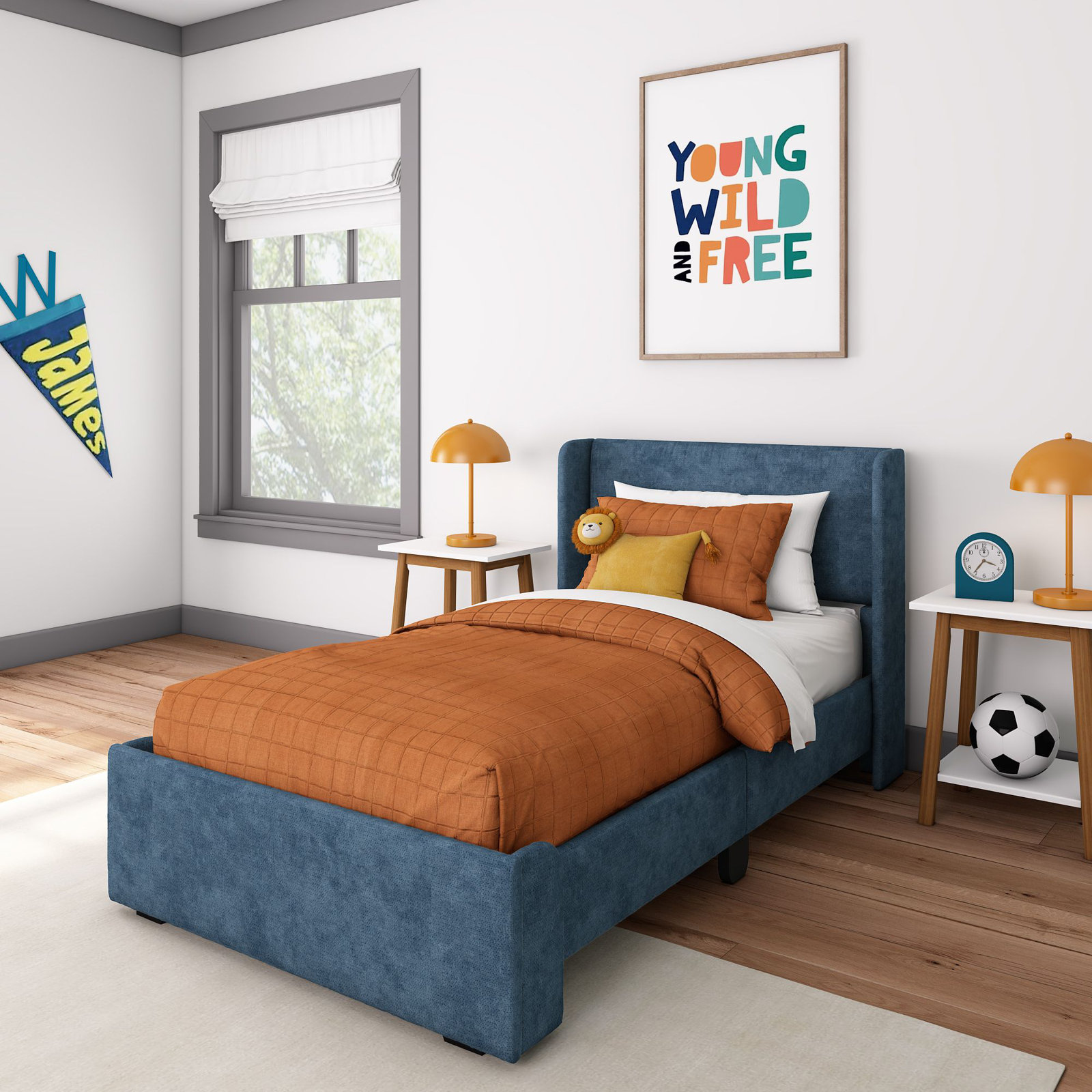 Solid Wood Upholstered Panel Bed, Blue, Twin