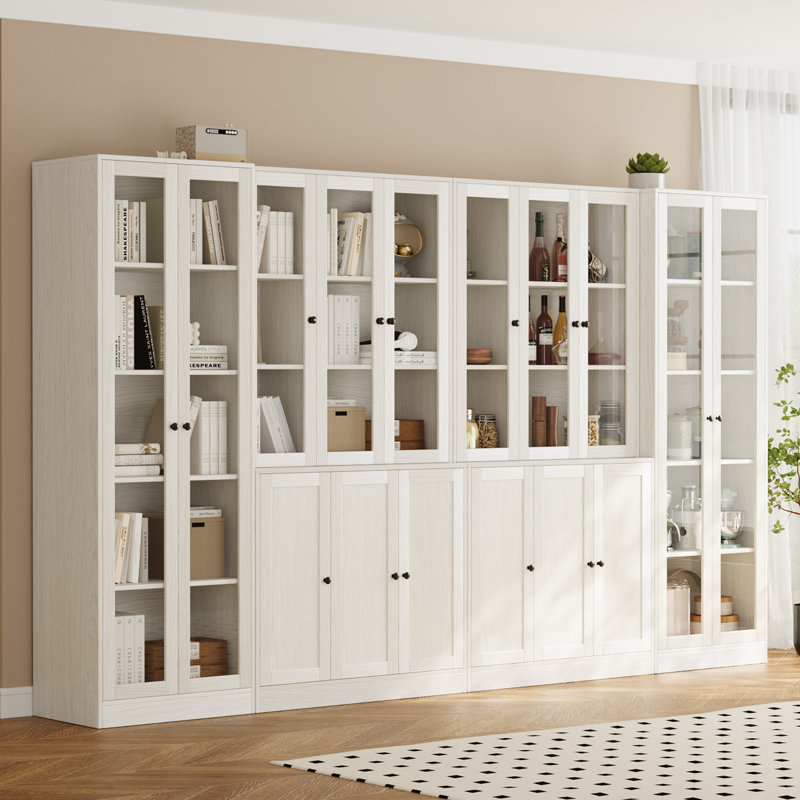 Bibliothèque blanche à 5 niveaux avec 3 grands tiroirs et porte en verre (2C + 2D)