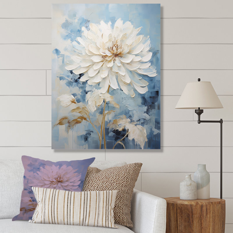 Fleur de dahlia blanc et bleu minimalisme II - imprimé, Toile tendue, H 40 po x l 30 po