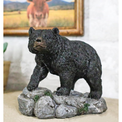 Rustic Wildlife Forest Black Bear Walking On River Rock Steppes Figurine