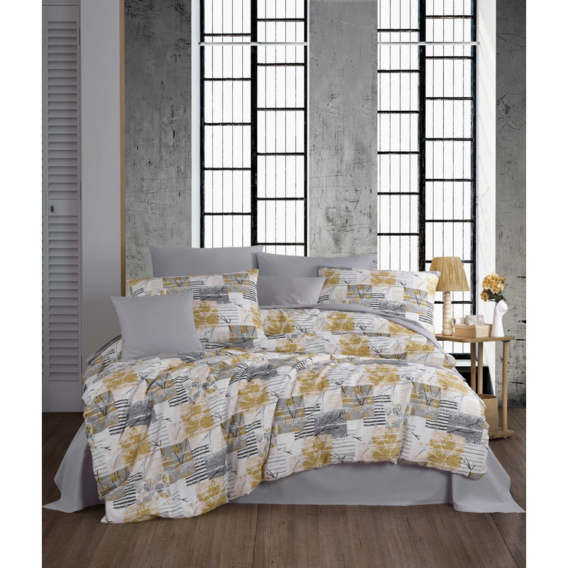 Stylish Single Quilt Cover Set, Grey & White with Yellow Accents | 50% Cotton / 50% Polyester, Duvet Cover 61 x 79, Pillowcase 20 x 31 | Machine Washable, 127 Thread Count, Button & Envelope Closure for Easy Use