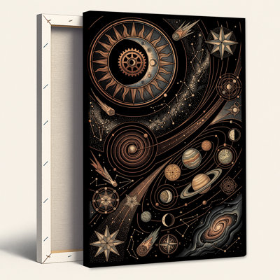 Vintage Copper Celestial Planets Gears And Constellations Canvas Wall Art