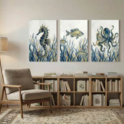 Animaux, hippocampe, poisson, pieuvre, plantes sous-marines, ensemble de 3 impressions sur toile