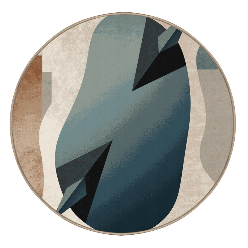Tapis beige moelleux doux à motif géométrique minimaliste Kamena, Rond 5 pi