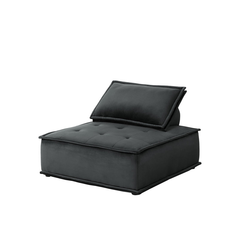 Canapé d'angle modulaire 3 pièces Anna 80 po en velours noir avec pouf, Black Velvet, Black