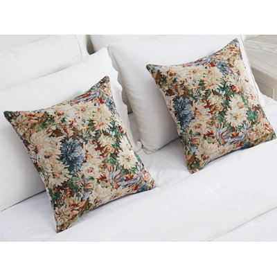 Pair of 18X18 Floral Throw Pillow Covers Embroidered with Mums Flowers