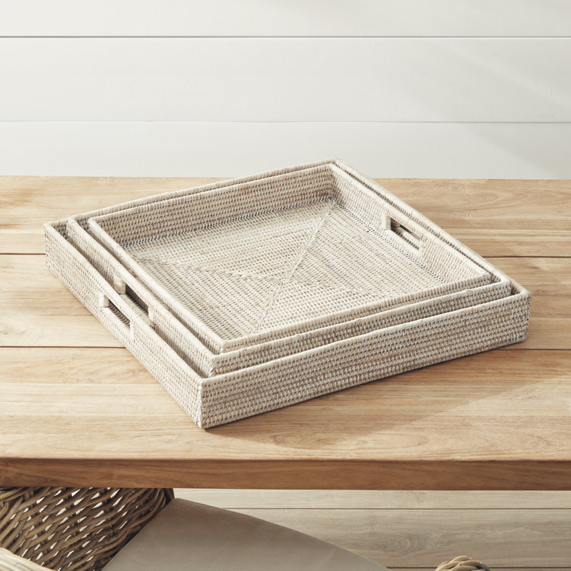 Burma Rattan 3 Piece Serving Tray Set, White