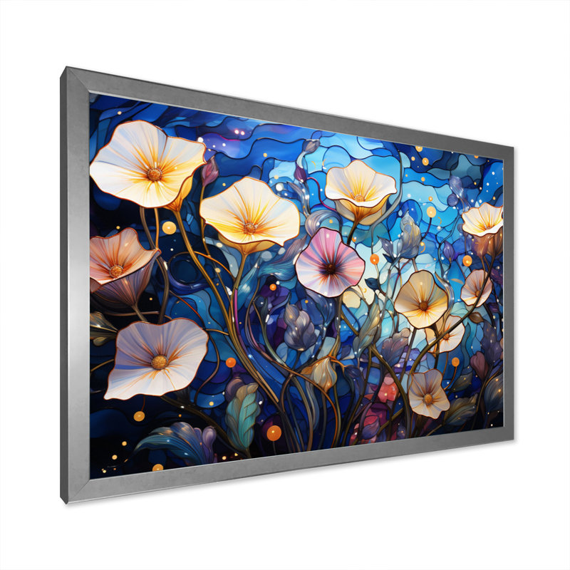 " Beige Blue Morning Glory Morning Glory ", Cadre simple argenté, H 34 po x l 44 po x P 1,5 po