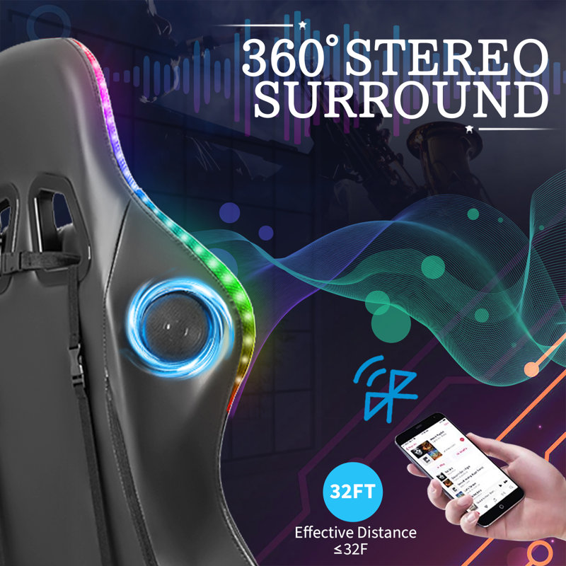 Red and Black Faux Leather Ergonomic Gaming Chair with Bluetooth Speakers and RGB LED Lights