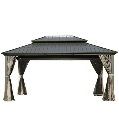 12' X 14' Gazebo With Double Roof, Aluminum, Galvanized Steel For Backyard, Lawn, Patio 12X14 Ft Canopy And Netting - To Wind Snow, Gray