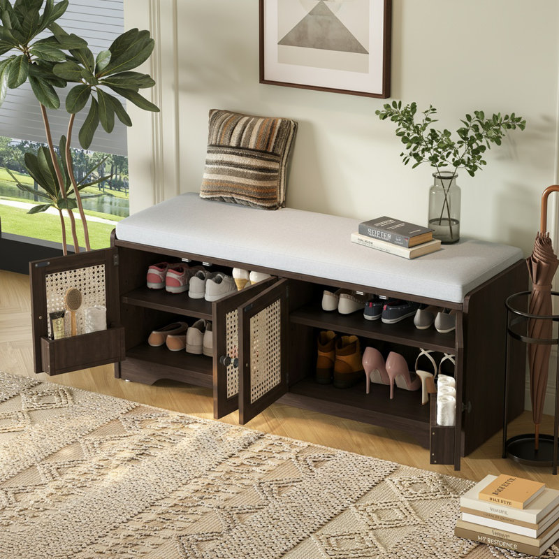 Rattan Doors Shoes Storage Bench, Espresso