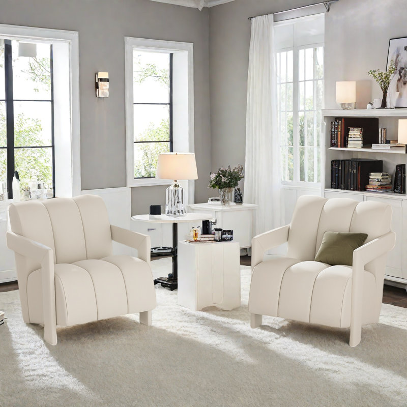 Set Of 2 Modern Armchairs With L-Shaped Armrests, White Polyester