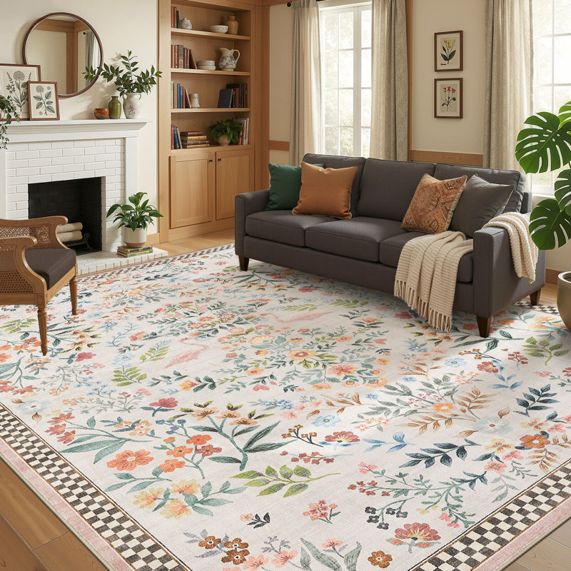 Washable Farmhouse Floral Area Rug with Non-Slip for Bedroom Nursery Living Room Decor-Pink, Rectangle 8' x 10', Pink