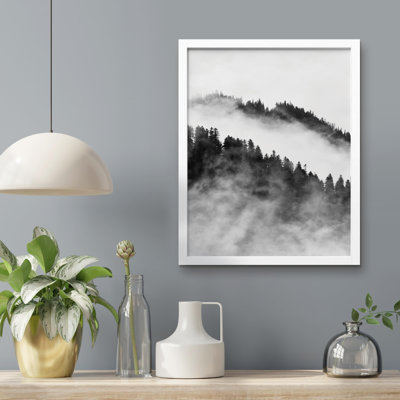 " Misty Forest Black And White Mountain Range "