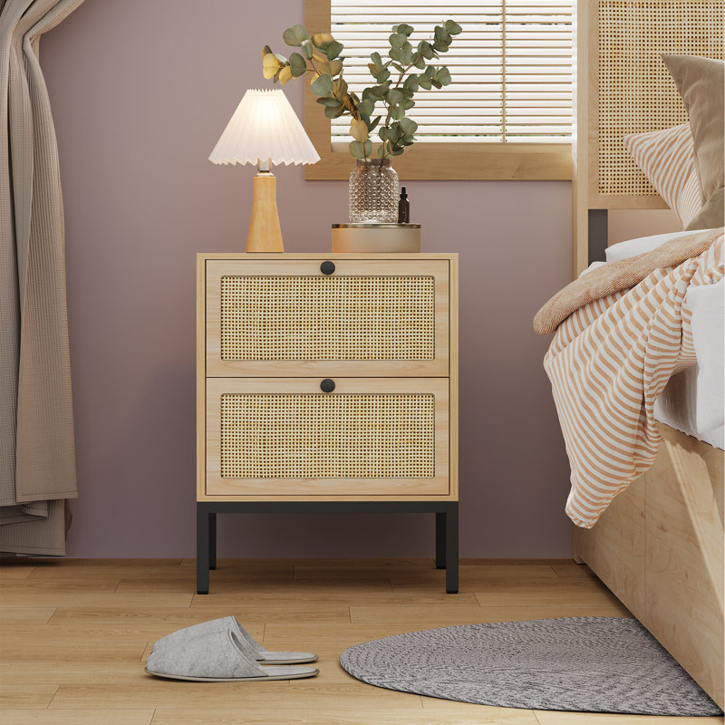 Bosonohy Boho Natural Rattan 2-Drawer Nightstand, Brown