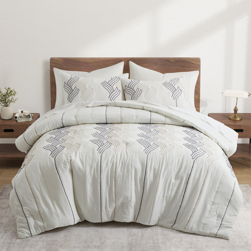 Comforter Set With Rope Embroidery, Bedding Set All-Season Hypoallergenic Down Alternative, Full/Queen