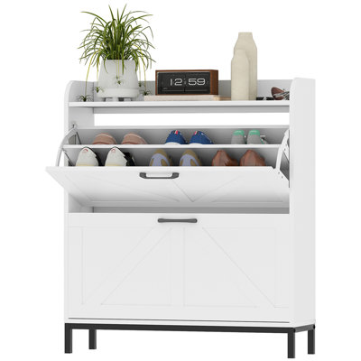 Range-chaussures avec 2 tiroirs rabattables, pieds, armoire de rangement étroite pour chaussures pour entrée, couloir, blanc