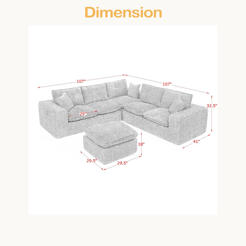 Canapé modulaire en forme de L de 107 po avec repose-pieds mobile en forme de L et canapé-lit confortable avec coussins, Gris