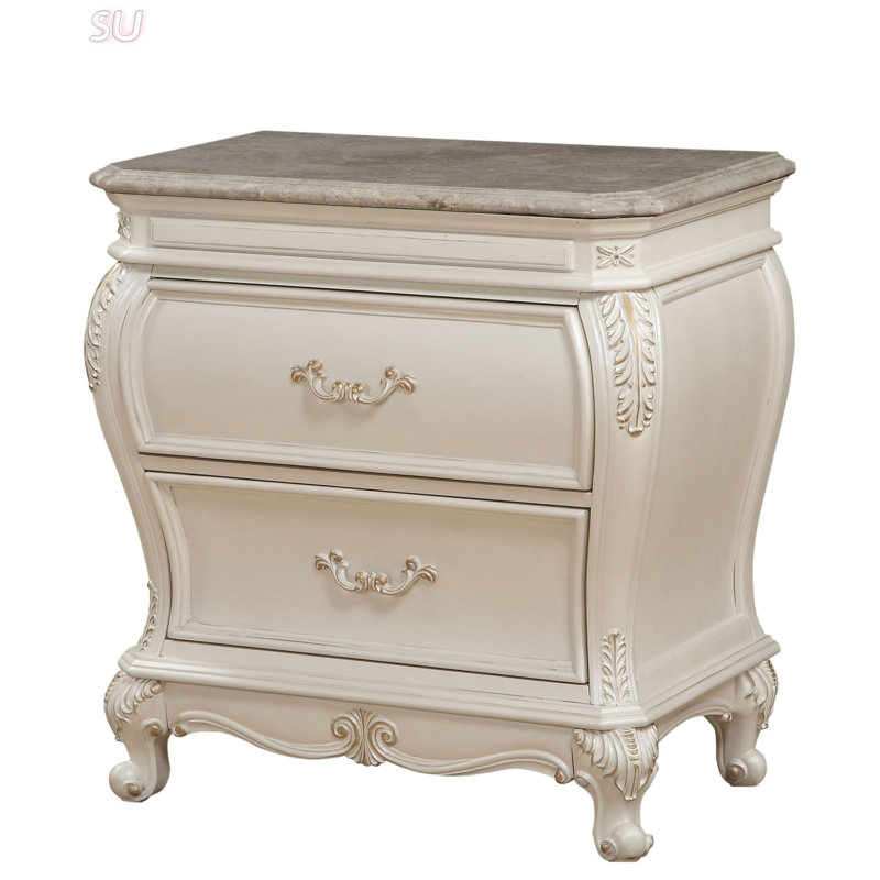 Table de chevet Chantelle Pearl avec plateau en granite, rangement spacieux et tiroir doublé de feutre pour un décor de chambre à coucher élégant
