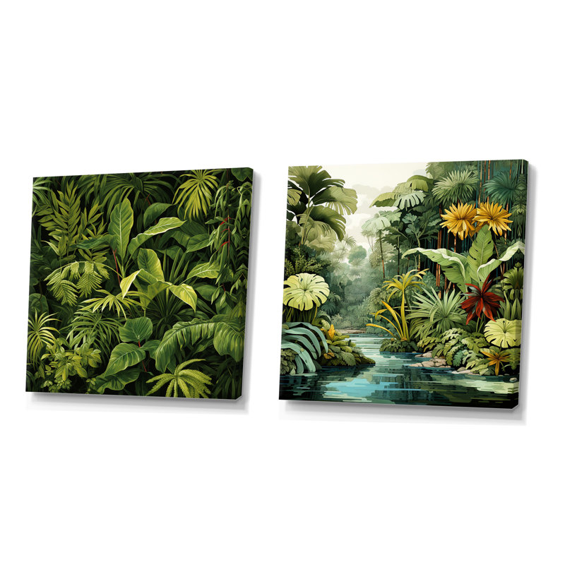 «Rainforest Jungle Plants Landscape I - Jungle», ensemble de 2 reproductions d'art sur toile, Toile tendue