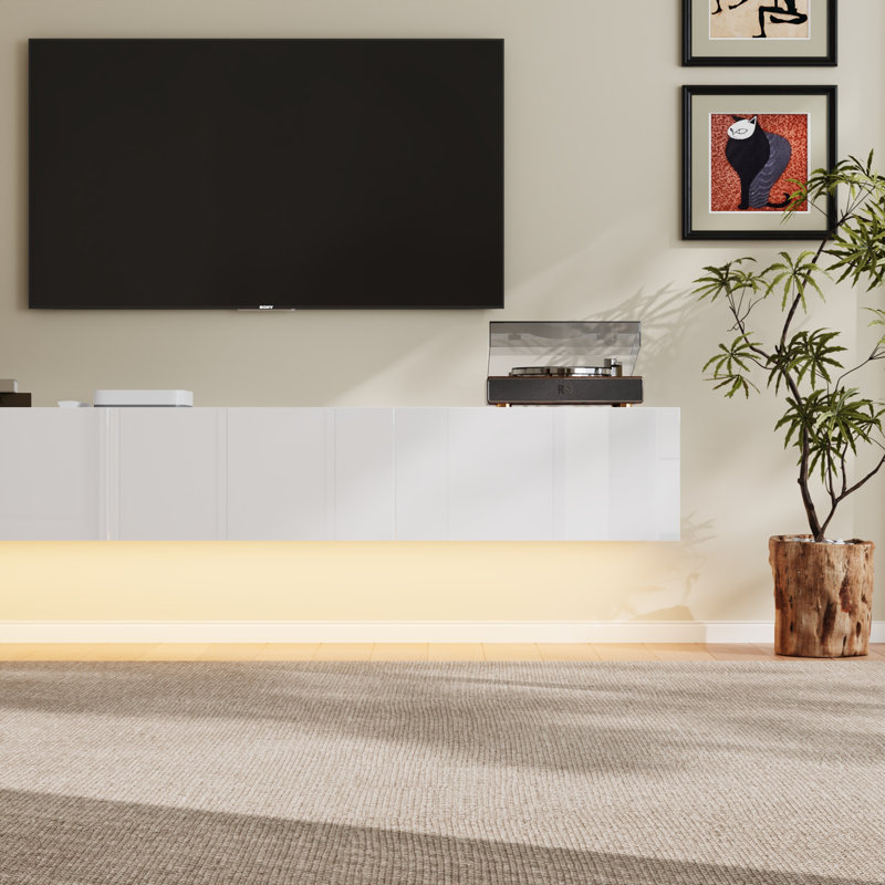 160cm Floating TV Unit, 3 Drawers & 3-Color LED Light, Wall Mount or Floor Stand, White  