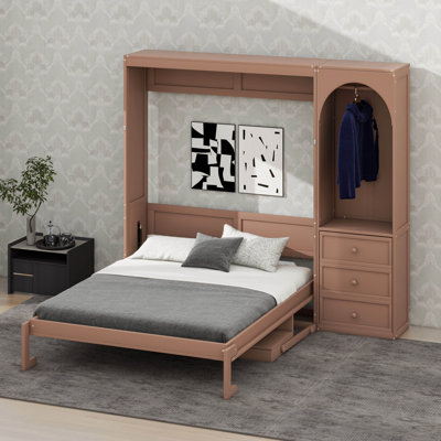 Queen Size Murphy Bed Hidden Bed with Small Storage Shelf and Wardrobe, Queen Wall Murphy Bed Cabinet with 3 Drawers and Light Rod