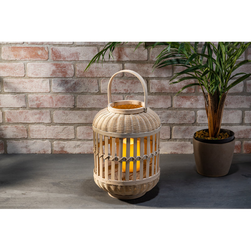 13.38-inch Tall Natural Bamboo Lantern with 6-inch tall battery operated candle, 13.38" H x 9.84" W x 9.84" D