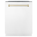 ZLINE Autograph Edition 24 in. Monument Series Top Touch Control Tall Tub Dishwasher in White Matte W/ Champagne Bronze Handle, 45dBa (DWMTZ-WM-24-CB)