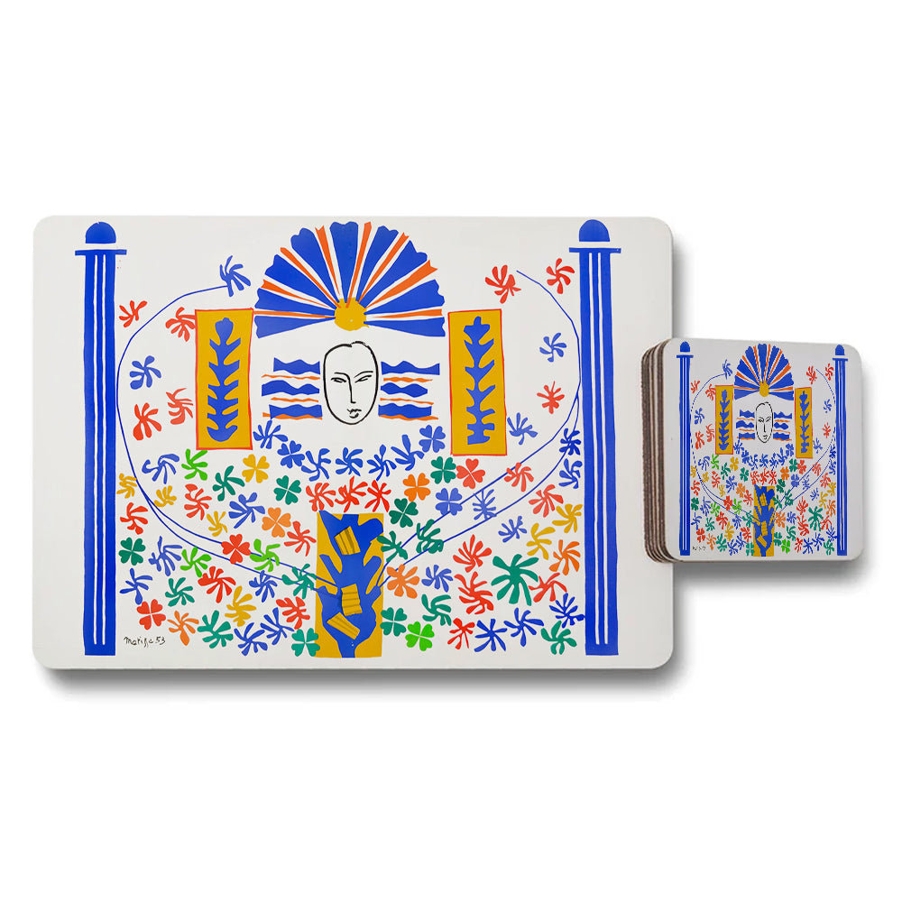 Colorful Placemats And Coaster Set With Abstract Floral Design