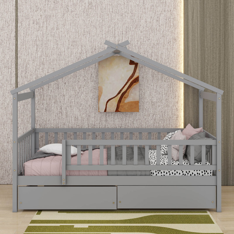 Lit simple en bois avec tiroirs, Gris