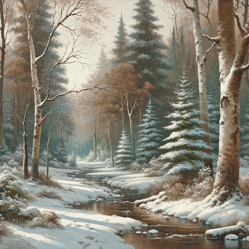 «Whispering Pines: Serene Snow-Covered River» sur toile, H 12 po x l 12 po x P 1 po