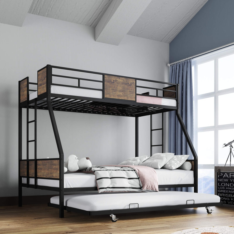 Twin Over Full Metal Bunk Bed With Trundle, Safety Guardrails & Dual Ladders, No Box Spring Needed