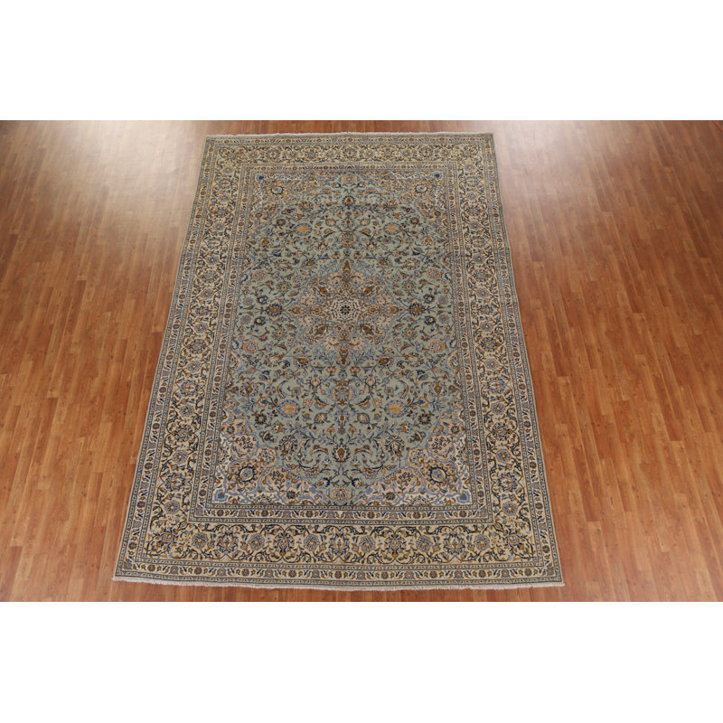 Tapis vert vintage à motif persan Kashan rétro noué à la main