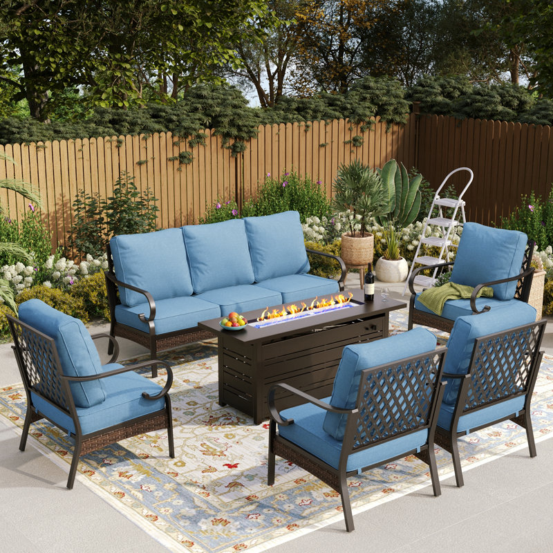 7 - Person Outdoor Furniture Sets With Thick Cushions, Denim Blue Cushion/Black Frame