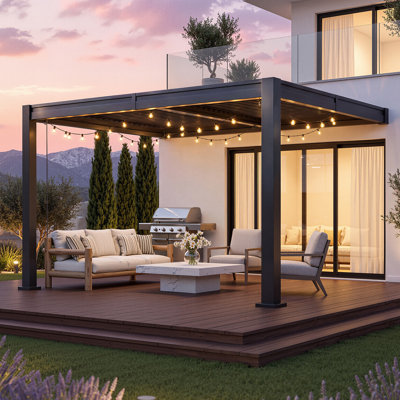 Pergola murale à lames orientables de 3 m x 3,6 m avec toit à double zone réglable, pergola de patio avec système de drainage intégré