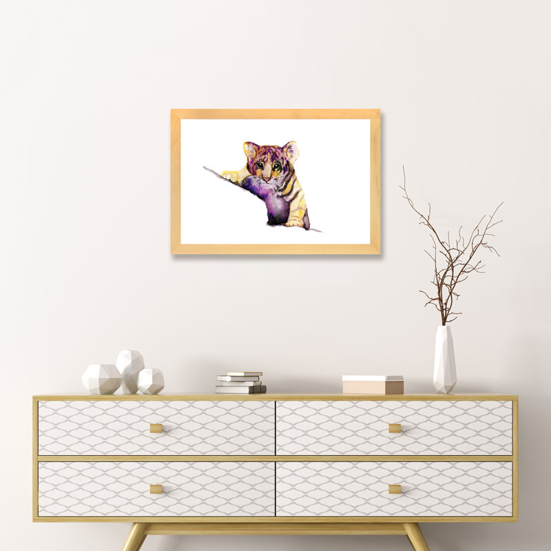 Art little tiger, H 24 po x l 32 po x P 1 po, Toile avec cadre en bois beige