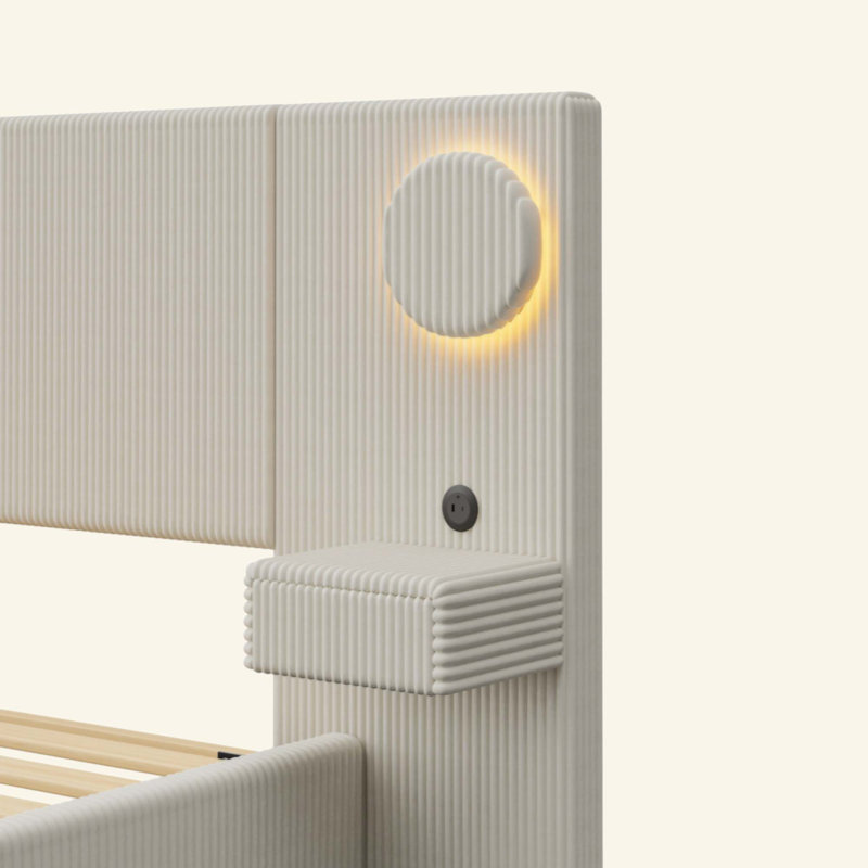 Lit plateforme tapissier avec lumières circulaires à DEL, ports de chargement USB et tiroirs de rangement latéraux, King