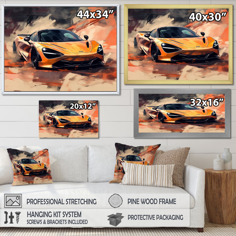 «Orange Exotic Car On Offroad I - Muscle Car», reproduction sur toile, 30" H x 40" W, Cadre flottant noir