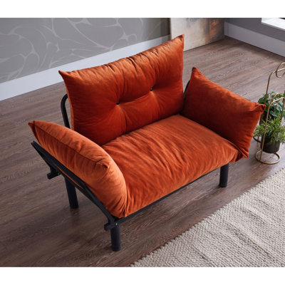 Causeuse futon en métal orange, profondeur 49,2 po, largeur 24,16 po, hauteur 35,57 po, siège orange poids 29,69 lb, fabrication métallique, 49 po, 24 po, 35 po et 30 lb