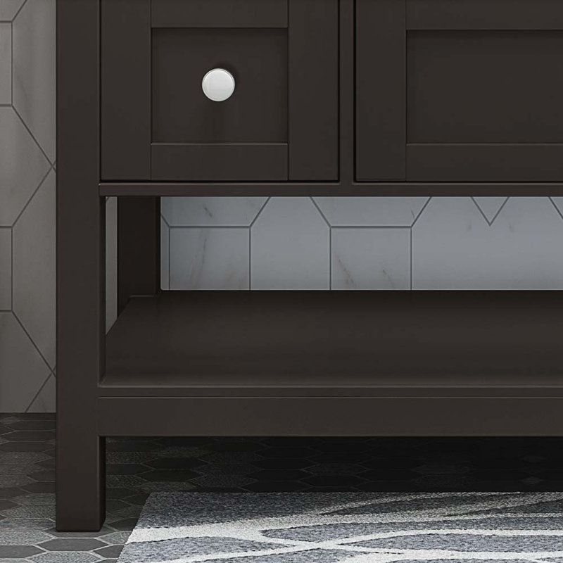 Meuble-lavabo 49 po avec comptoir en marbre et lavabo en céramique, tablette ouverte, 5 tiroirs, Brun
