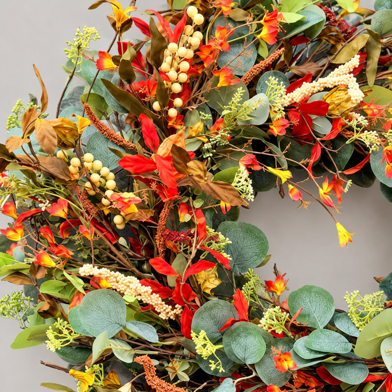 Couronne d'eucalyptus d'automne 24 po, couronne de baies artificielles pour la porte d'entrée