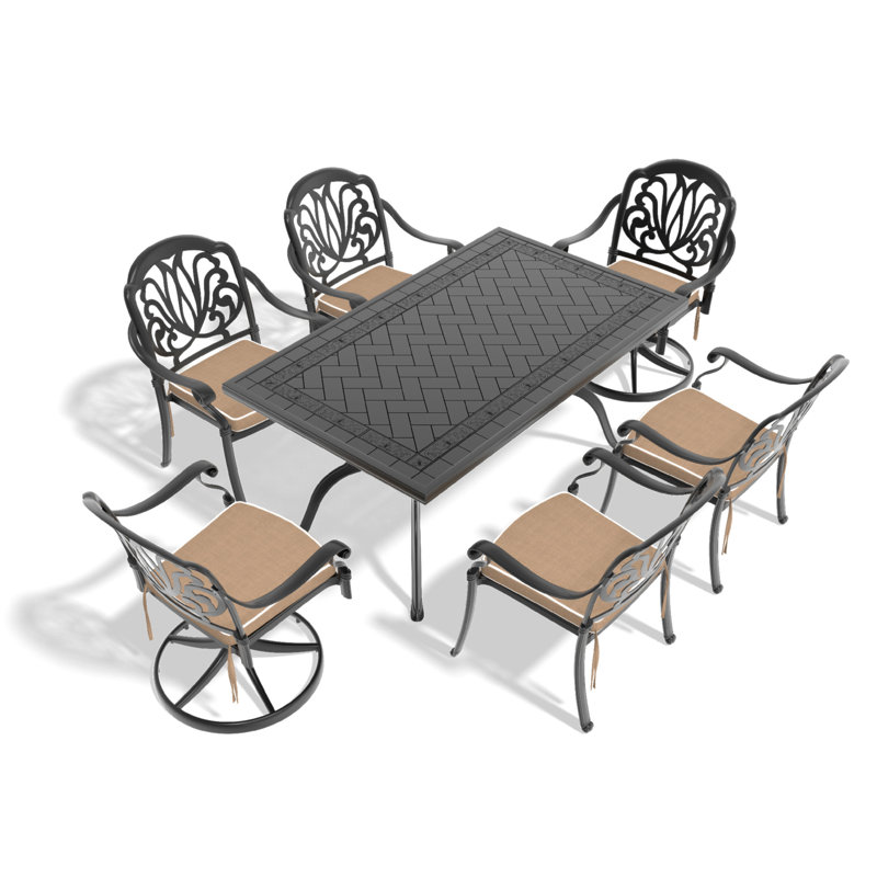 Ensemble de salle à manger 7 pièces en fonte d'aluminium toutes saisons comprenant 2 chaises pivotantes, 4 chaises de salle à manger et une table rectangulaire avec cadre noir (même numéro de pièce: W1710S00370)