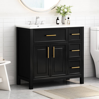 Meuble-lavabo 36 po, en bois massif et noir, meuble-lavabo moderne de conception utilisateur, apparence