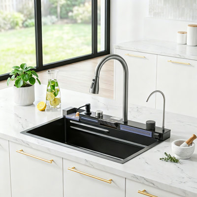 304 Stainless Steel Single Bowl Workstation Kitchen Sink with Waterfall Faucet and Cup Washer