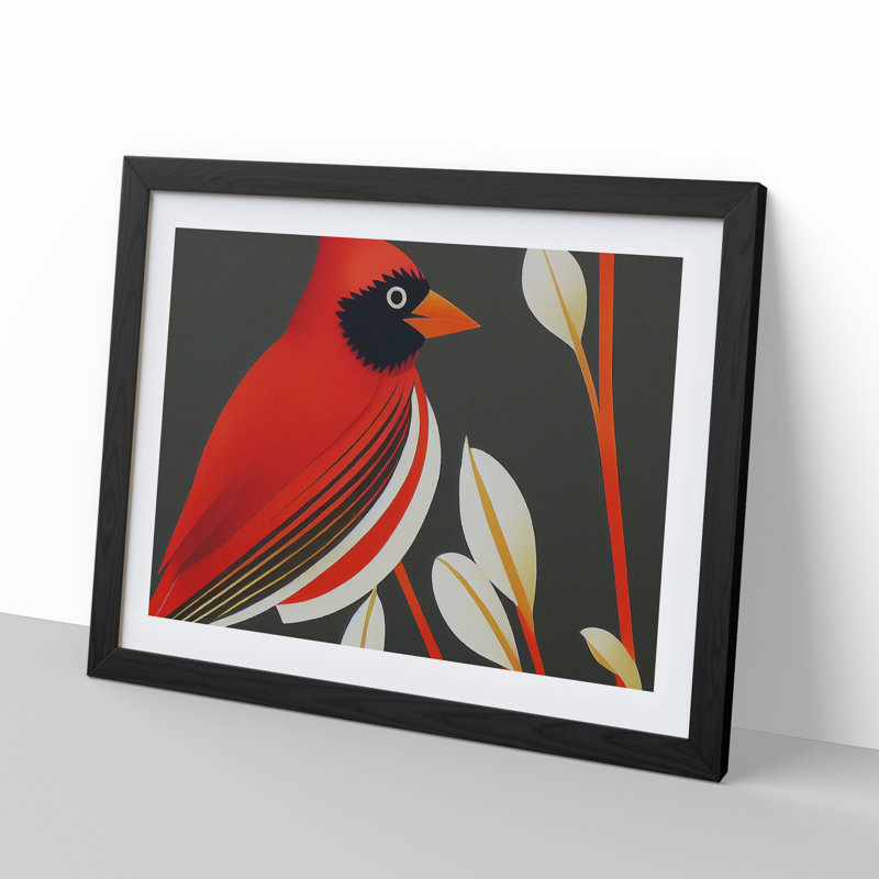 Cardinal Bird Deco - Single Picture Frame Print, Black Framed, 46cm H x 64cm W x 2cm D