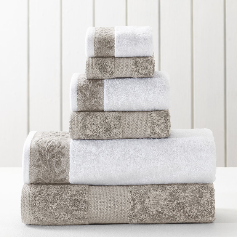 Flax and White Cotton 6-Piece Towel Set with Jacquard Border